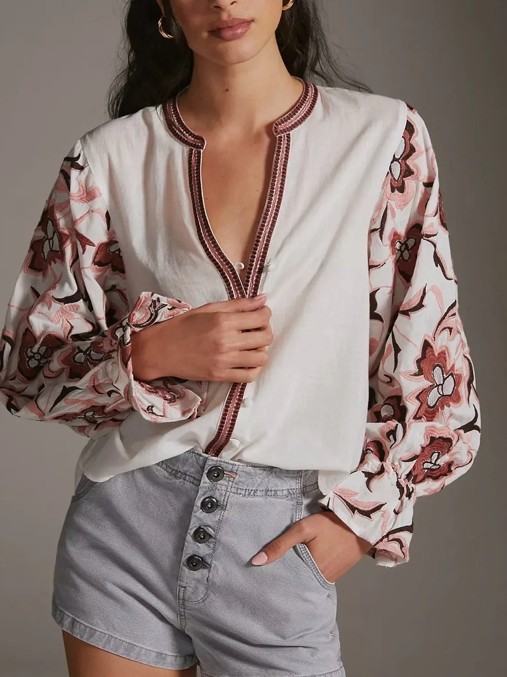 Anthropologie Embroidered Floral Sleeve Boho Blouse Floral Size Medium